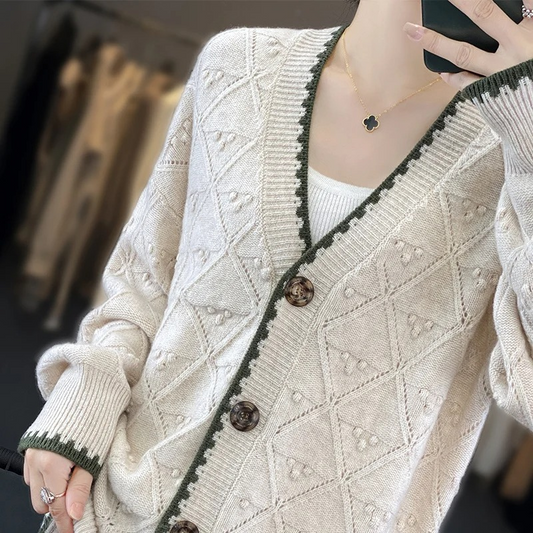 WW | Wollstrickjacke Damen Mit V-ausschnitt, Strickmuster Und Kontrastdetails
