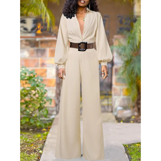 WW | Weiße Kragen Mit Revers Einfache Hose Jumpsuit