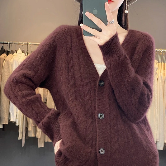 WW | Wollstrickjacke Damen Mit Zopfmuster Und V-ausschnitt, Knopfleiste