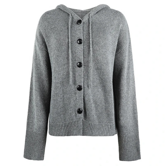 WW | Wollstrickjacke Damen Mit Kapuze Und Knopfleiste, Lässiger Stil