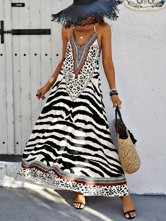 Chic Zebra Print Backless Halter Neck Dress