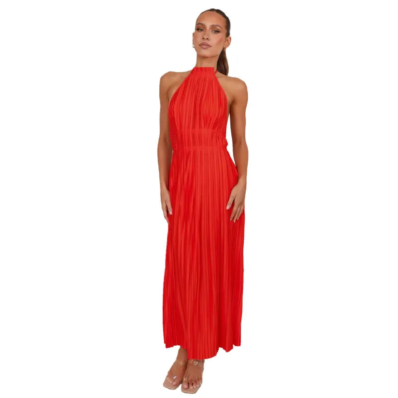 Plissiertes Maxikleid mit Neckholder und Rückenbindung