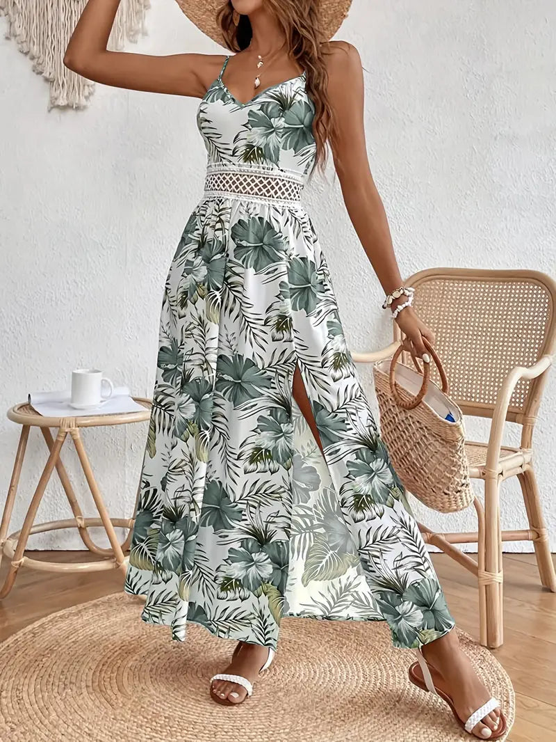 Damen Blumiges ärmelloses Split Maxikleid