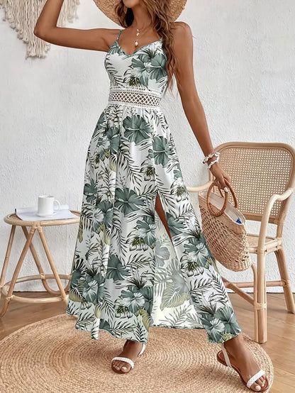 Damen Blumiges ärmelloses Split Maxikleid