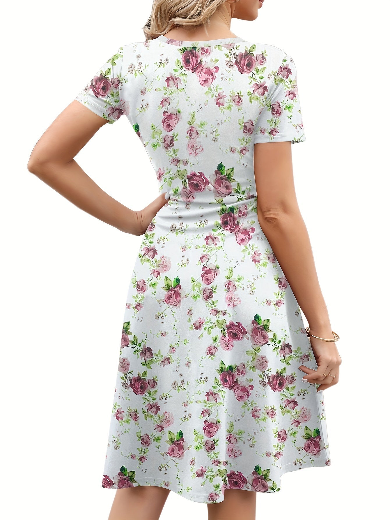 Blumen Print Rundhalsausschnitt Damen Kleid