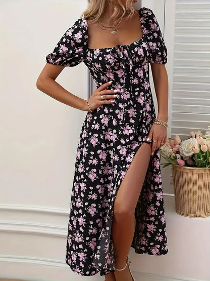 – a-linien-kleid mit blumendruck und puffärmeln für frühling und sommer