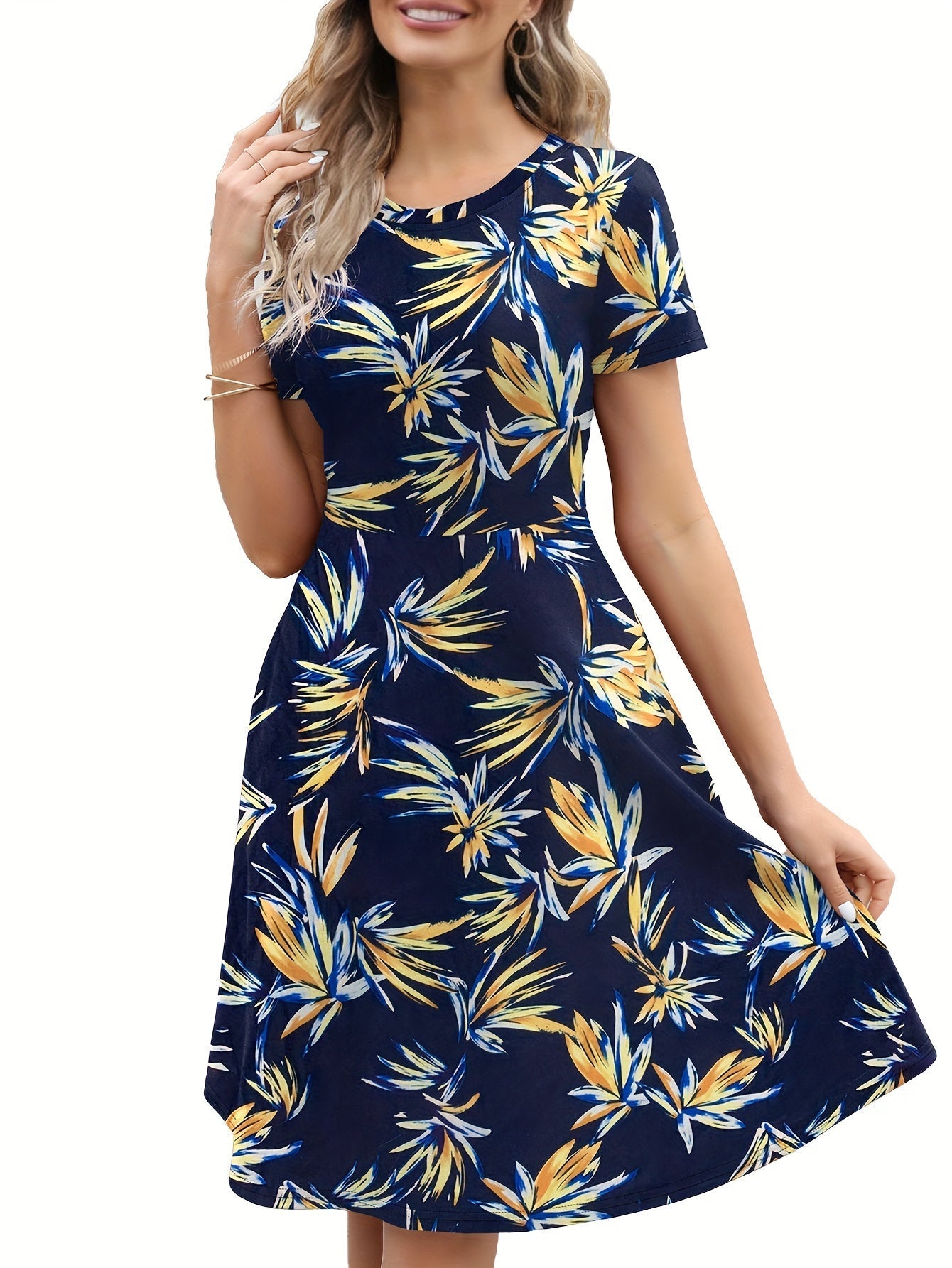 Blumen Print Rundhalsausschnitt Damen Kleid