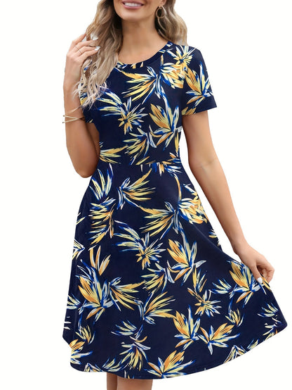 Blumen Print Rundhalsausschnitt Damen Kleid