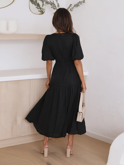 kleid mit v-ausschnitt und puffärmeln