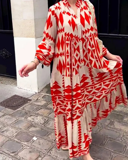 Modisches Freizeitkleid mit V-Ausschnitt und bedruckten langen Ärmeln