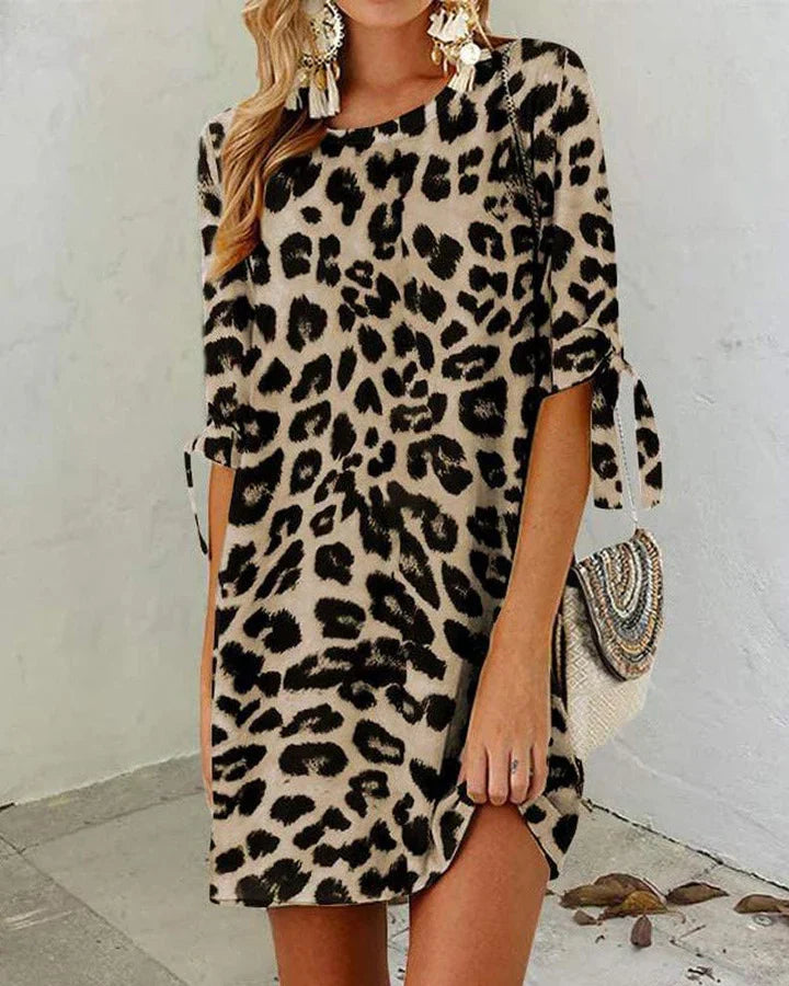 Leopardendruck Rundhalsausschnitt Damen Kleid