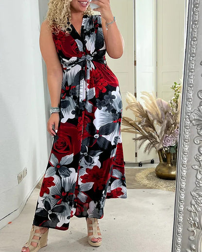 Ärmelloses, Plissiertes Elegantes Kleid mit Blumenmuster