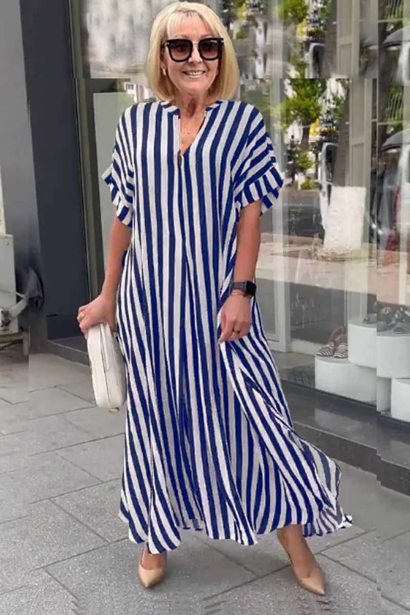 Damen-Boho-Kleid mit kurzen Ärmeln und geteiltem Streifen-Cardigan