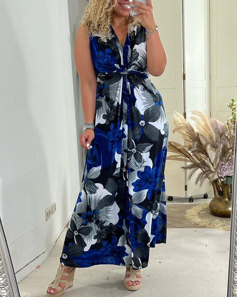Ärmelloses, Plissiertes Elegantes Kleid mit Blumenmuster