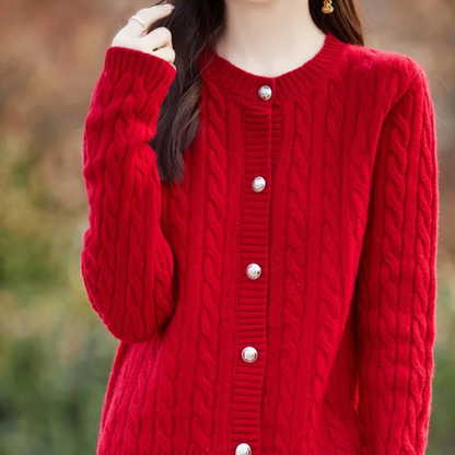 WW | Wollstrickjacke Damen Mit Zopfmuster Und Rundhalsausschnitt, Knopfleiste