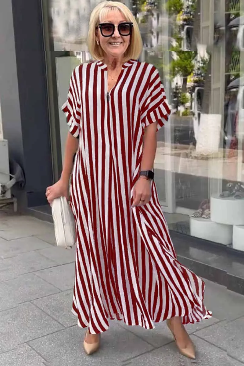 Damen-Boho-Kleid mit kurzen Ärmeln und geteiltem Streifen-Cardigan