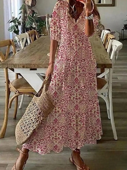 – Damenkleider Langes Kleid mit V-Ausschnitt, halblangen Ärmeln und aufgedrucktem Bart