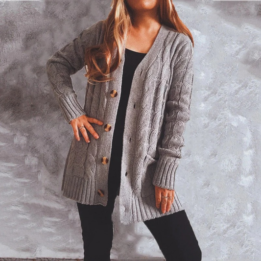 WW | Wollstrickjacke Damen Mit Zopfmuster Und Holzknöpfen, Lockere