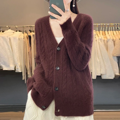 WW | Wollstrickjacke Damen Mit Zopfmuster Und V-ausschnitt, Knopfleiste