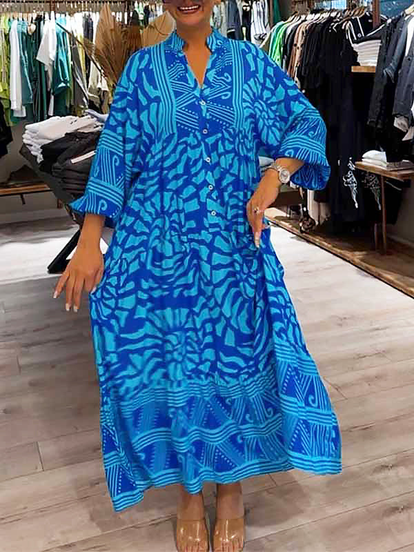 – Bedrucktes lockeres Damenkleid mit V-Ausschnitt