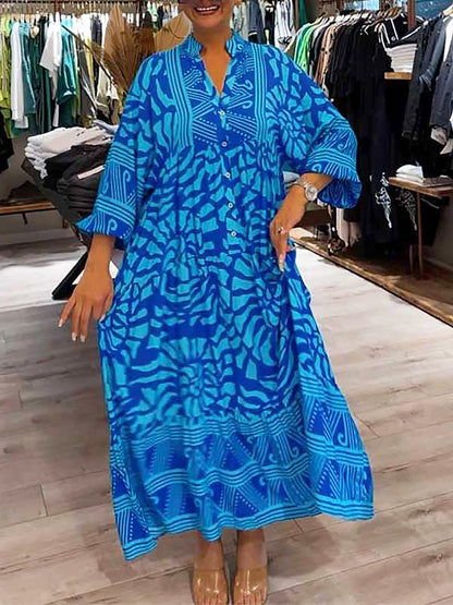 – Bedrucktes lockeres Damenkleid mit V-Ausschnitt