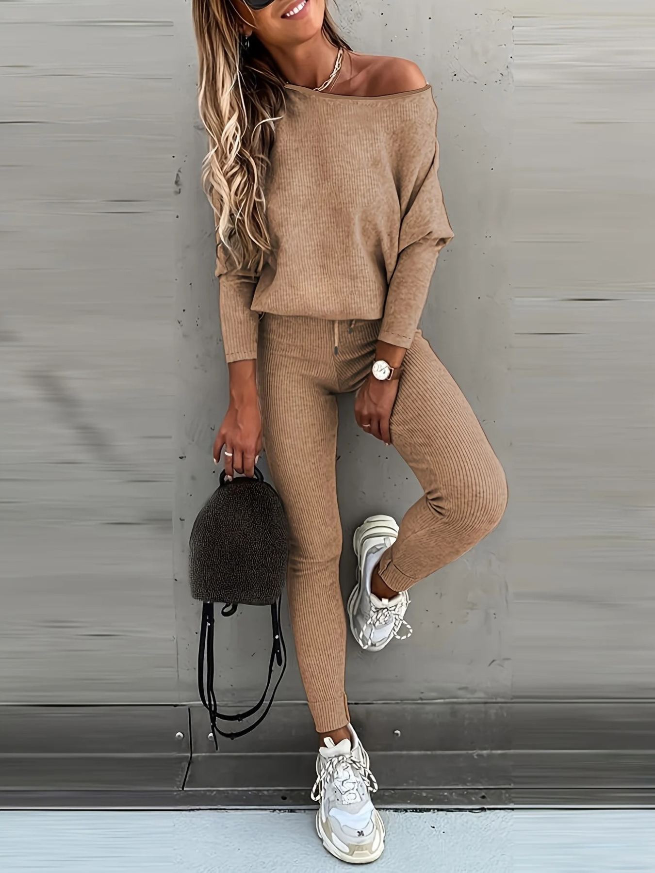 WW | Damen Hausanzug Modisches Off Shoulder Oberteil Und Leggings Satz