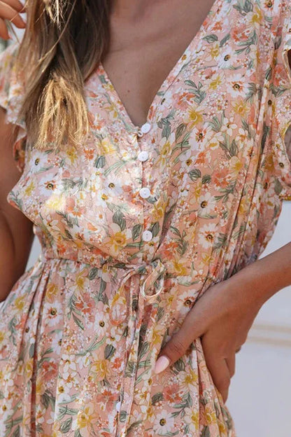 – Maxikleid mit Knopfrüschen und Blumen-Kordelzug