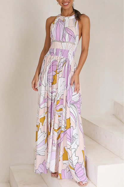 Langes Kleid mit elastischem Taillenschlitz und Spitzenbesatz Just Met You Druck