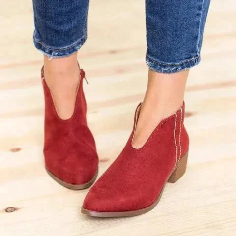 Damen V-Form Wildleder Ankle Boots, niedriger Absatz, Reißverschluss, lässiger Stil