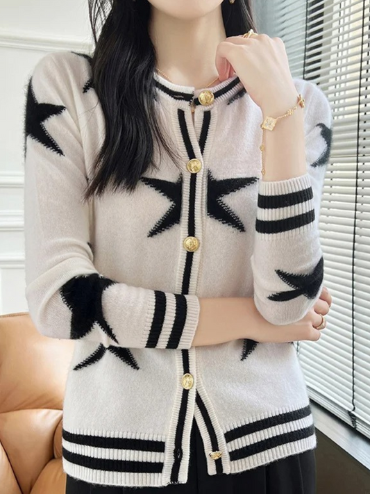 WW | Wollstrickjacke Damen Mit Sternenmuster Und Goldknöpfen