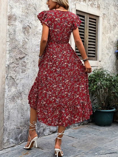 – florales kleid mit v-ausschnitt und eleganten rüschenärmeln