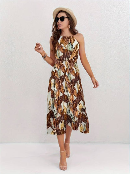 – neckholder-strandkleid mit blattmuster