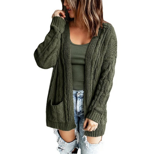 WW | Wollstrickjacke Damen Mit Zopfmuster, Offenes Design Und Taschen