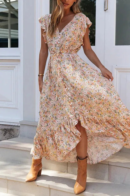 – Maxikleid mit Knopfrüschen und Blumen-Kordelzug
