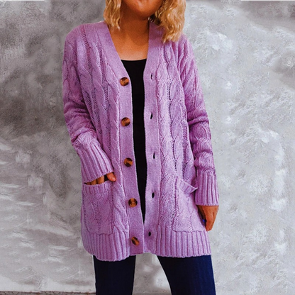 WW | Wollstrickjacke Damen Mit Zopfmuster Und Holzknöpfen, Lockere