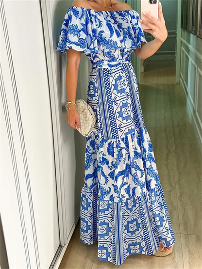 Sexy, einteiliges, böhmisches, bedrucktes Damenkleid mit Kragen und hoher Taille für Frühling und Sommer