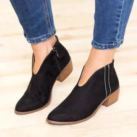 Damen V-Form Wildleder Ankle Boots, niedriger Absatz, Reißverschluss, lässiger Stil