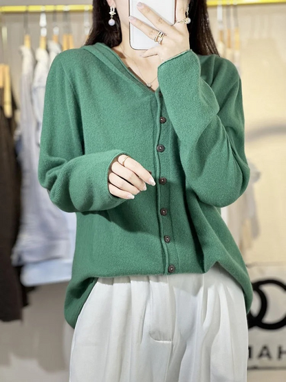 WW | Wollstrickjacke Damen Mit Kapuze Und Knopfleiste, Lässige Passform
