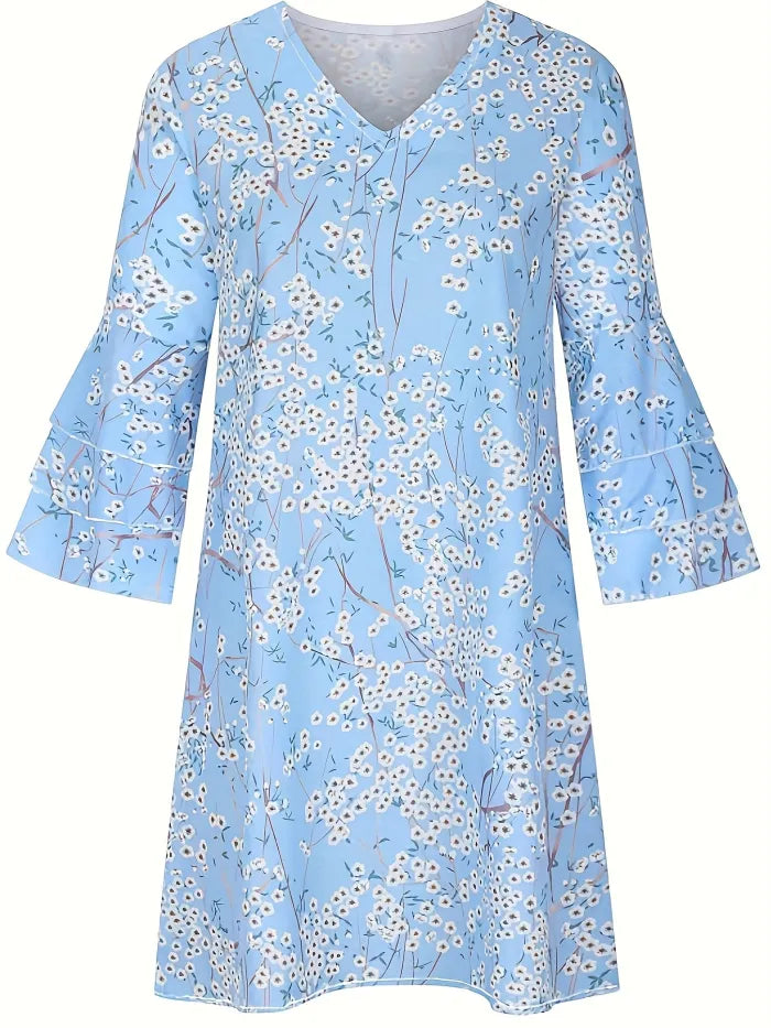 Kleid mit Rüschensaum und Blumenmuster, Lässiges Kleid mit V-Ausschnitt und halben Ärmeln, Damenbekleidung