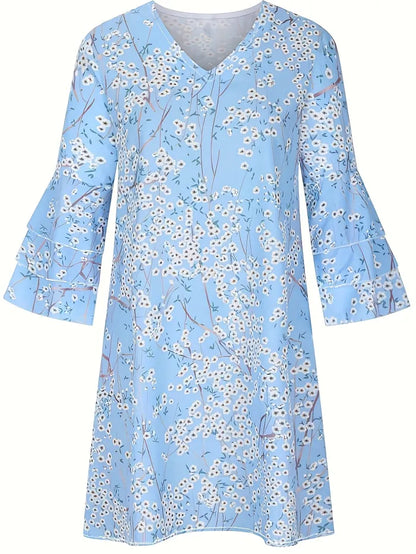 Kleid mit Rüschensaum und Blumenmuster, Lässiges Kleid mit V-Ausschnitt und halben Ärmeln, Damenbekleidung