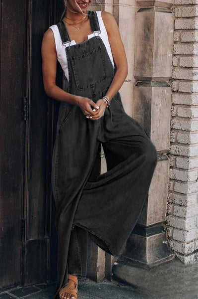 – Denim-Overall mit weitem Bein und Trägern