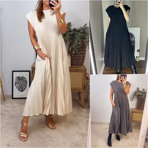 – Einfaches, einfarbiges Damen-Plisseekleid