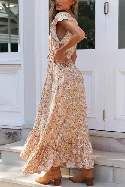 – Maxikleid mit Knopfrüschen und Blumen-Kordelzug