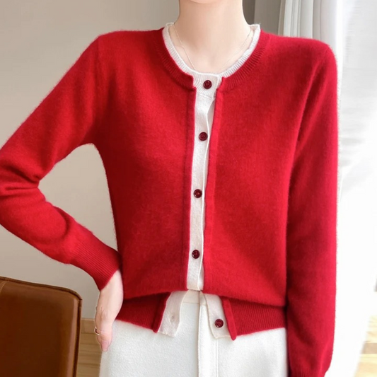 WW | Zweifarbige Wollstrickjacke Damen Mit Rundhalsausschnitt Und Knopfleiste