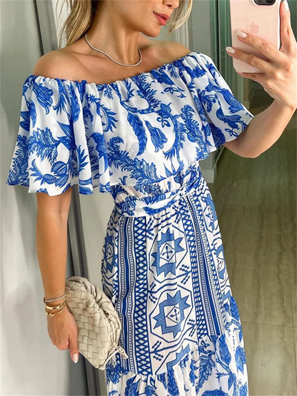 Sexy, einteiliges, böhmisches, bedrucktes Damenkleid mit Kragen und hoher Taille für Frühling und Sommer