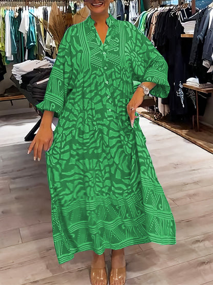 – Bedrucktes lockeres Damenkleid mit V-Ausschnitt