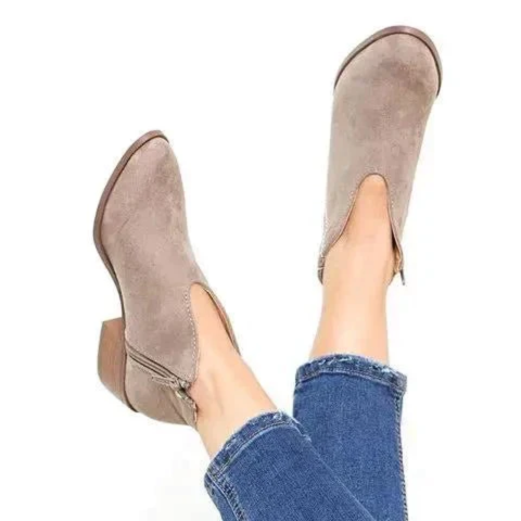 Damen V-Form Wildleder Ankle Boots, niedriger Absatz, Reißverschluss, lässiger Stil