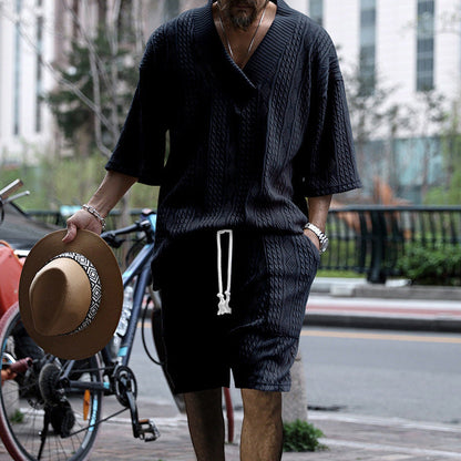 WW | Satz Aus Bequem Sitzendem Strickoberteil Mit V-ausschnitt Und Passenden Shorts