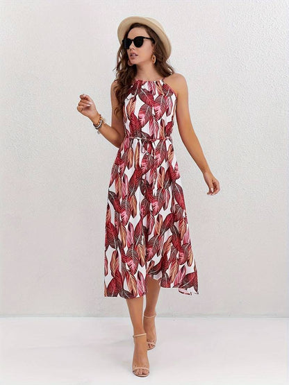 – neckholder-strandkleid mit blattmuster
