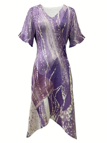 – elegantes, kurzärmliges kleid mit blumendruck